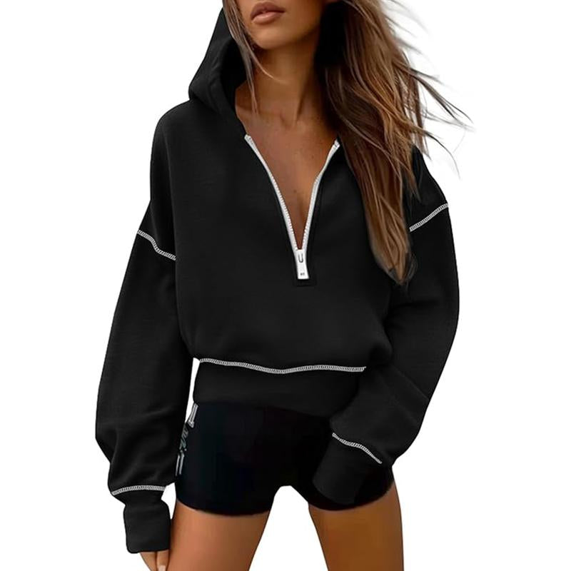 Prettygarden Women'S Hooded Sweatshirts Long Sleeve Half Zip Cropped Hoodie Pullover Gold Zipper with Stitching Detail Winter Fashion Clothes#Hoodieing
