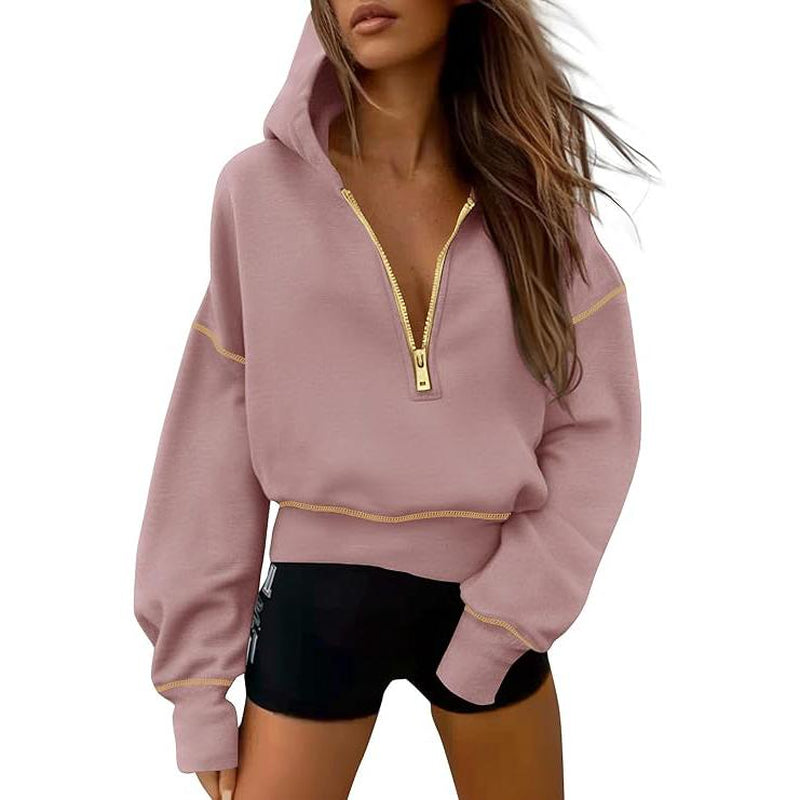 Prettygarden Women'S Hooded Sweatshirts Long Sleeve Half Zip Cropped Hoodie Pullover Gold Zipper with Stitching Detail Winter Fashion Clothes#Hoodieing