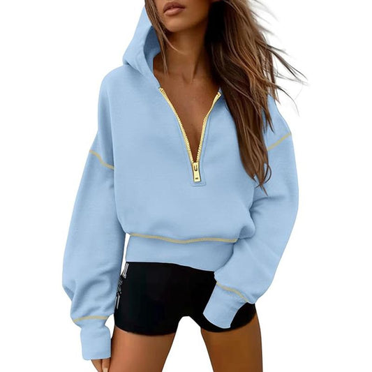Prettygarden Women'S Hooded Sweatshirts Long Sleeve Half Zip Cropped Hoodie Pullover Gold Zipper with Stitching Detail Winter Fashion Clothes#Hoodieing